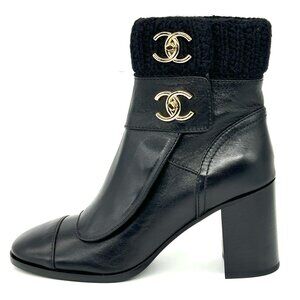CHANEL 23K 2023 Turnlock CC Leather Knit Cuff Ankle Bootie Boots Heels